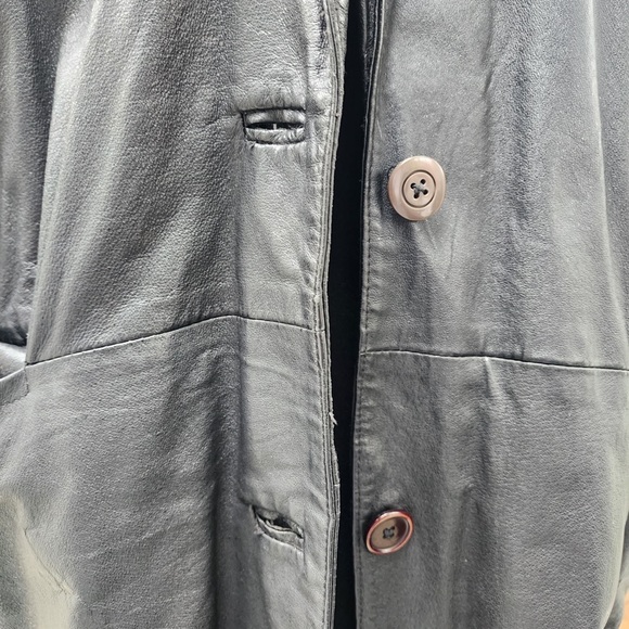 Vintage Accent Black Leather Cocoon Sleeve Maxi Single Breasted  Coat Size XL - Picture 8 of 14